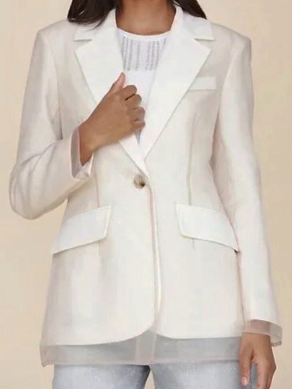 Avec Les Filles Cream Blazer w/ Sheer tan Chiffon overlay